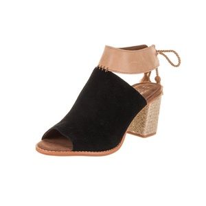 NWOT TOMS Seville Black Suede Honey Leather Peep Toe Sandals (Size 10) BRAND NEW